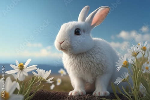 Realistic Cute Rabbit surrounded by the flowers blue sky background. Created with Generative Ai
