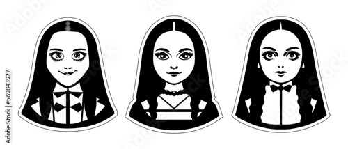 Vector set of black and white portraits of teenage girls with long hair, with pigtails. Young goth lady. Logos or stickers on an isolated background.