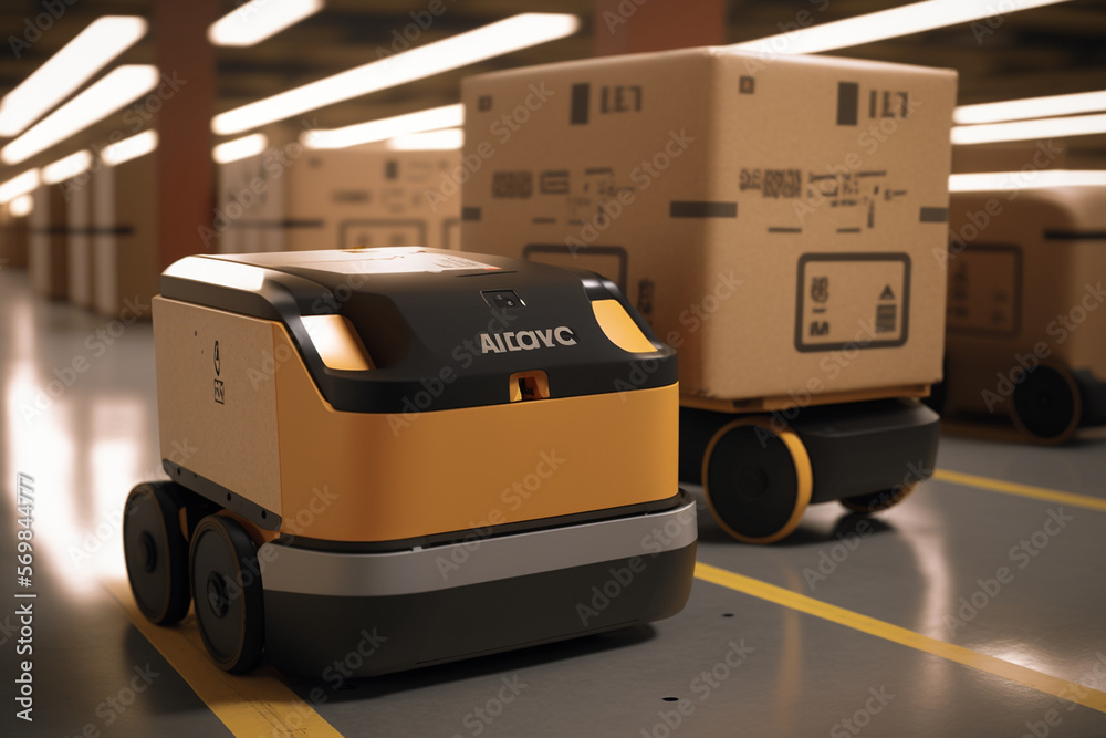 Robot delivery man in the warehouse with boxes, technology to simplify life and quality, sort parcels and valuable goods, inventory. Generative AI Robot delivery man in the warehouse with boxes, technology to simplify life and quality, sort parcels and valuable goods, inventory. Generative AI