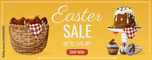 Easter sale. Wicker basket with red eggs, festive pastries, cakes and cupcakes decorated with icing and chocolate. Vector illustration for the spring holiday. Bright horizontal banner, flyer, poster