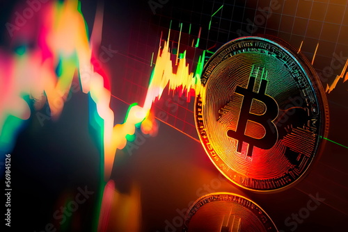 Bitcoin price crash in front of a abstract virtual background. Generative AI photo
