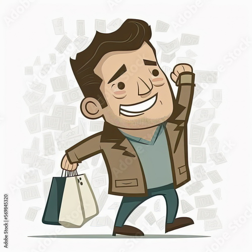 person holding shopping bags, happy cartoon character, vector illustration, white background,, Made by AI,Artificial intelligence