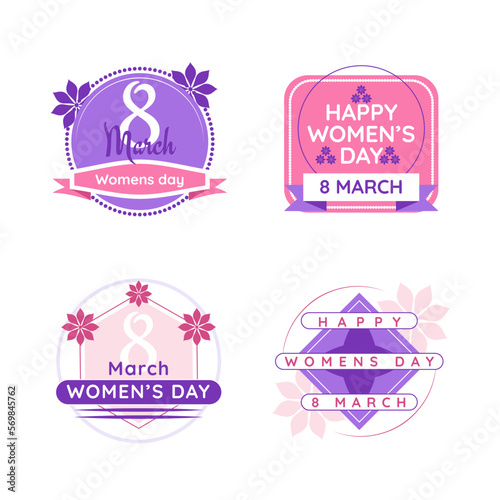 Happy Women s Day march 8 pink and purple cute badges  emblem and logo set for greeting card and spring holiday. Vector Illustration.