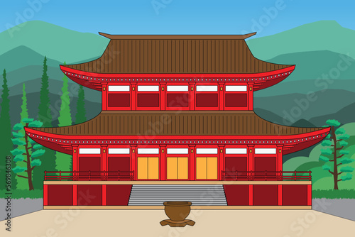 2 floor Japanese style temple drawing in cartoon vector