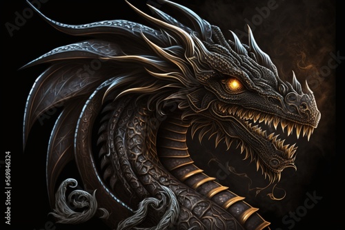 Illustration of a fierce fantasy black winged dragon. Generative AI © 2rogan