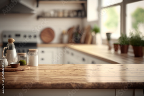 Close up photography of empty wooden table with blurred kitchen interior background  industrial style  Generative AI