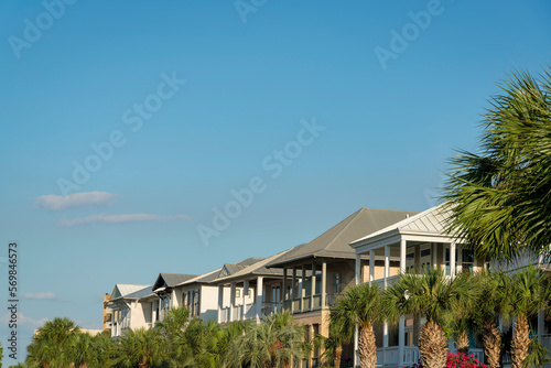 Rows of palm trees at the front of houses against the sky at Destin, Florida. There are houses with balconies under the blue sky background.