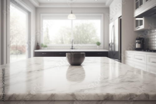 Empty marble table top, against a blurred minimalist kitchen background, Generative AI photo