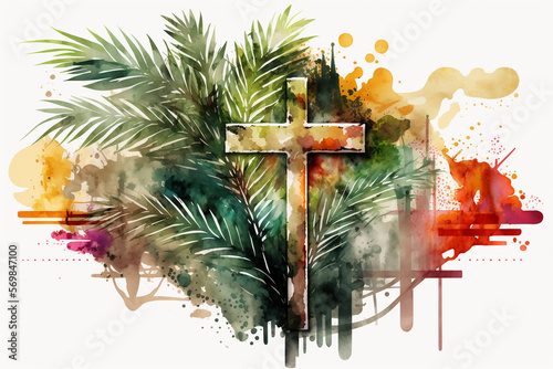 Fotografiet Palm sunday background. Cross and palm watercolor Generative AI