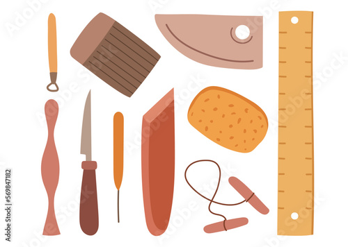 Set of pottery tools for making crafted crockery. Potters intruments vector collection on white