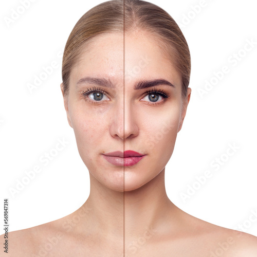 Female face before and after applying makeup.