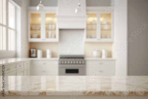 Empty marble table top, against a blurred minimalist kitchen background, Generative AI