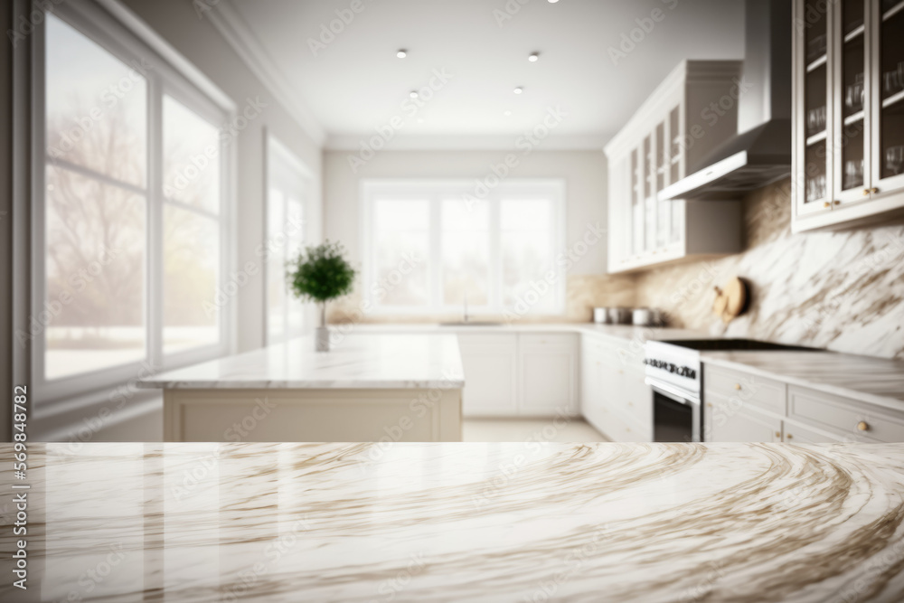 Empty marble table top, against a blurred minimalist kitchen background, Generative AI Empty marble table top, against a blurred minimalist kitchen background, Generative AI