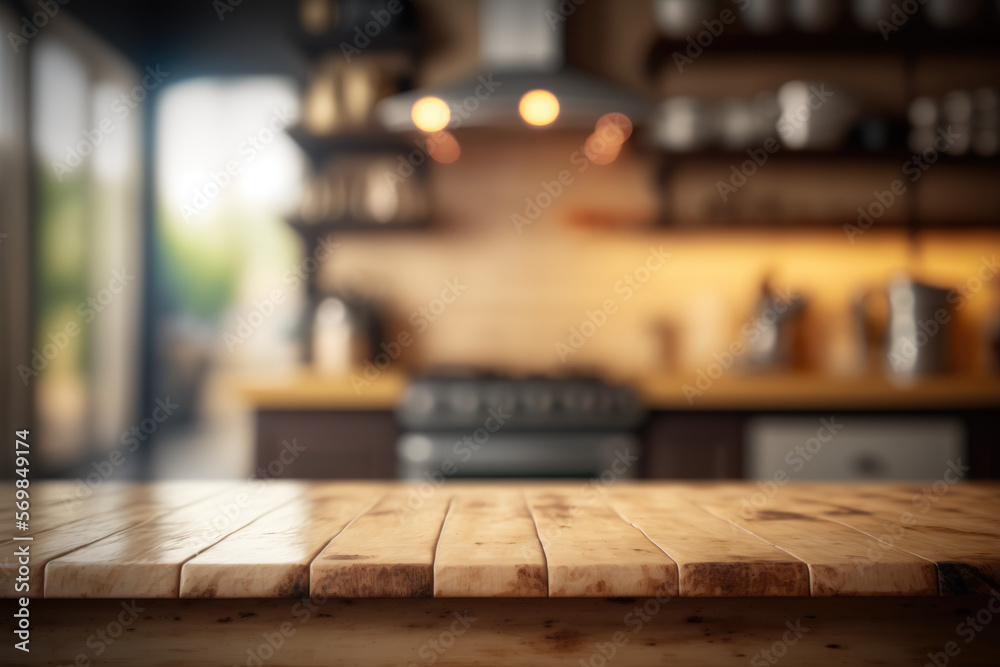 Empty wooden table top in focus, against a blurred kitchen background, Generative AI Empty wooden table top in focus, against a blurred kitchen background, Generative AI