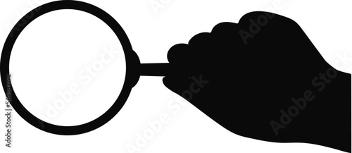The human hand holds a magnifying glass horizontally. Magnifier with handle for reading and observing small objects. Cartoon. Black silhouette