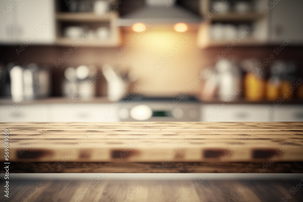 Empty wooden table top in focus, against a blurred kitchen background, Generative AI