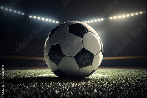 Soccer ball on the field in the spotlights. AI generated © StockMediaProduction