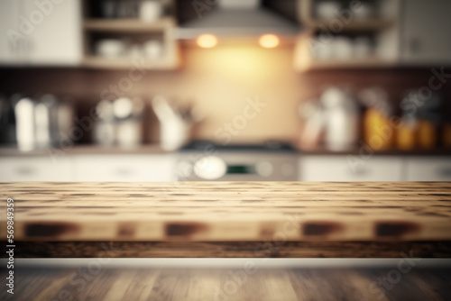 Empty wooden table top in focus  against a blurred kitchen background  Generative AI