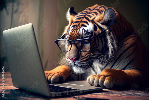 Business Tiger in glasses uses a laptop. AI generated.