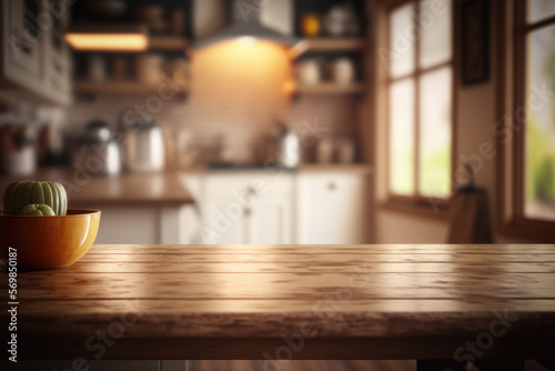 Empty wooden table top  against blurred kitchen interior background  close up photography Generative AI