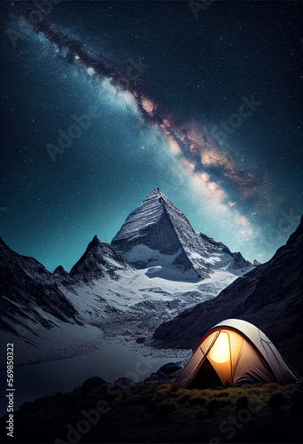 Tourist tent in a picturesque place against the background of the starry sky. AI generated.