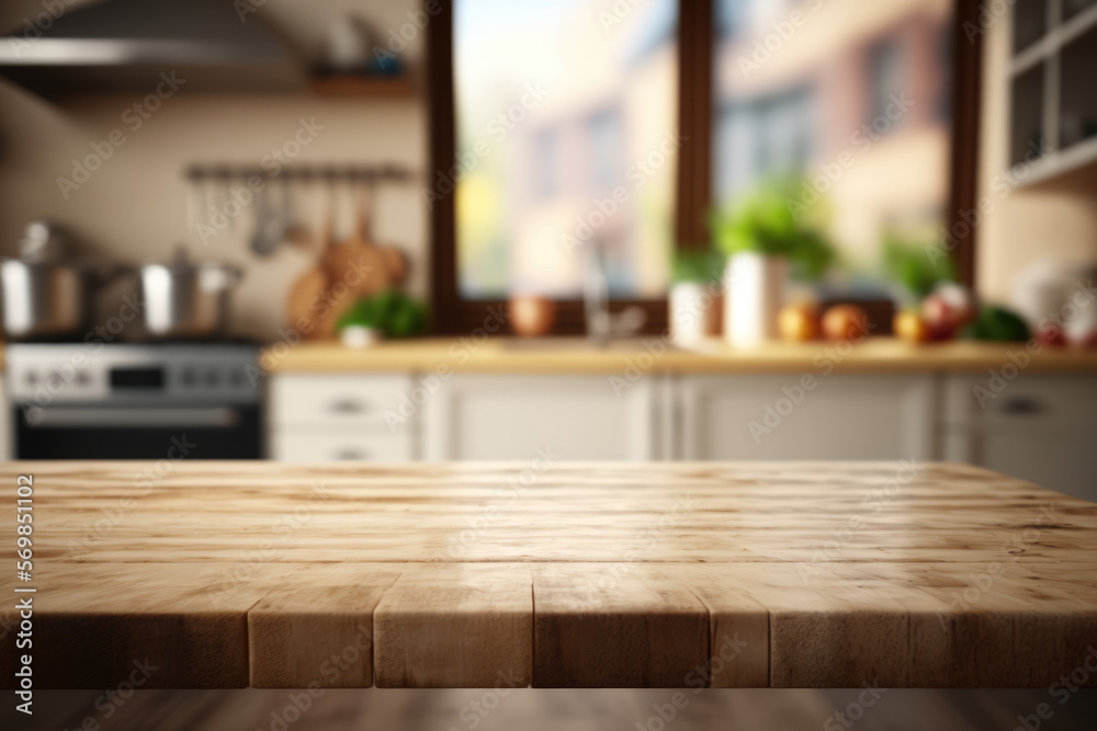 Empty wooden table top, against blurred kitchen interior background, close up photography Generative AI