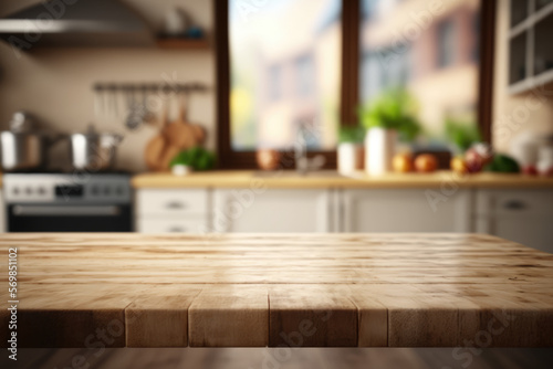 Empty wooden table top  against blurred kitchen interior background  close up photography Generative AI
