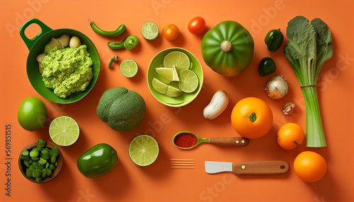 vegetables on a green background isolated