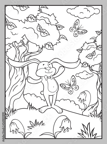 Cute bunny with a butterfly on a summer lawn. Coloring page.