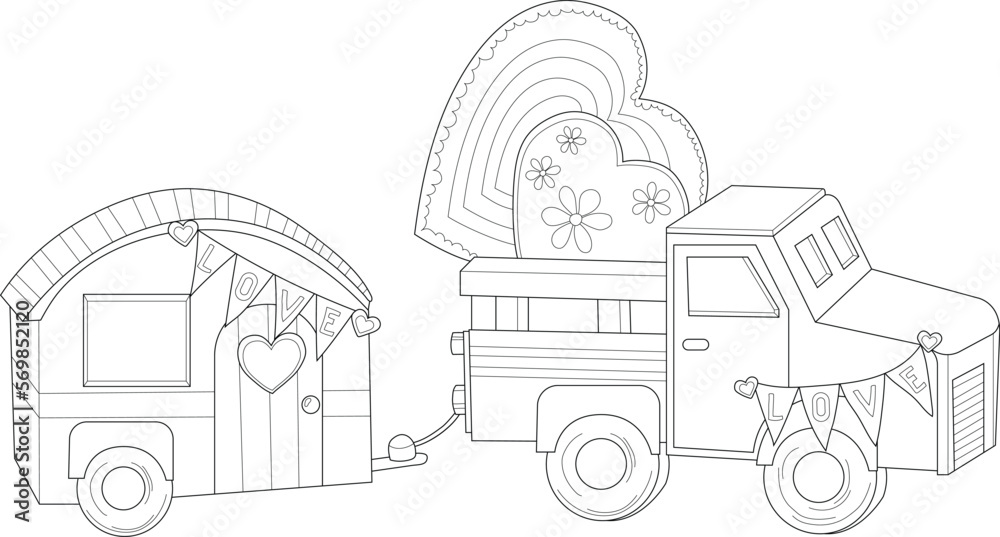 Cute vintage classic truck car with trailer fill with hearts sketch template. Cartoon vector illustration in black and white for games, background, pattern, decor. Coloring paper, page, story book. 