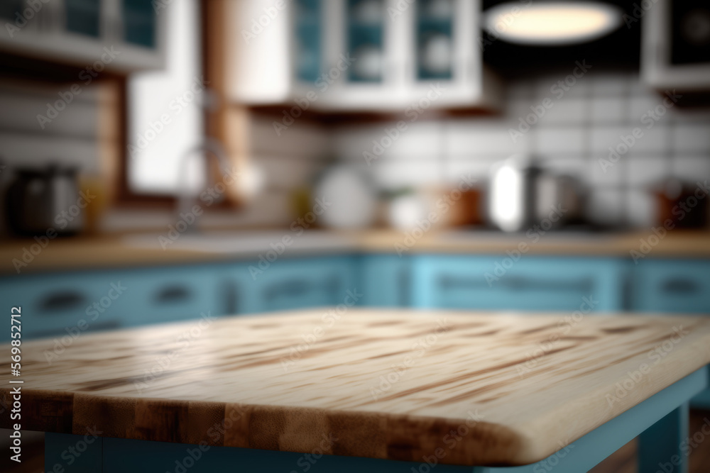 Focused empty wooden table top, against a blurred kitchen background, in a beige and blue color scheme Generative AI Focused empty wooden table top, against a blurred kitchen background, in a beige and blue color scheme Generative AI
