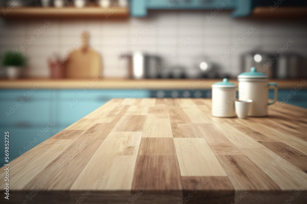 Focused empty wooden table top, against a blurred kitchen background, in a beige and blue color scheme Generative AI Focused empty wooden table top, against a blurred kitchen background, in a beige and blue color scheme Generative AI