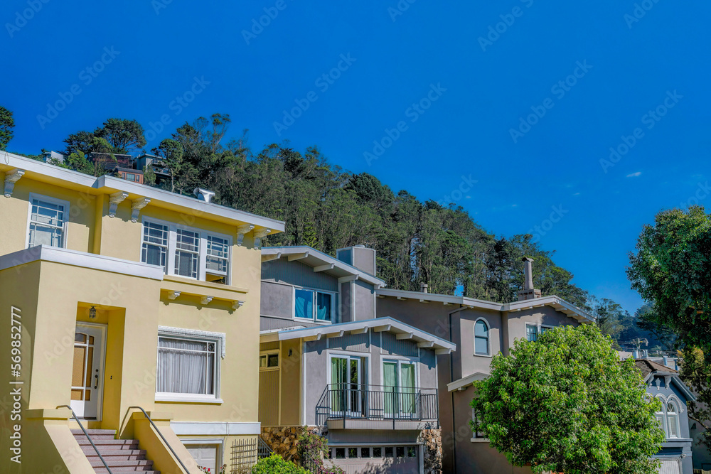 Homes with balconies and stairway against blue sky and trees in San Francisco. Facade of houses viewed from the street at a sunny California neighborhood.