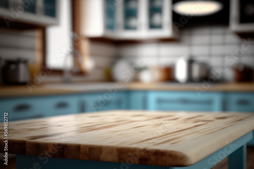 Focused empty wooden table top, against a blurred kitchen background, in a beige and blue color scheme Generative AI © Aksapix Studio