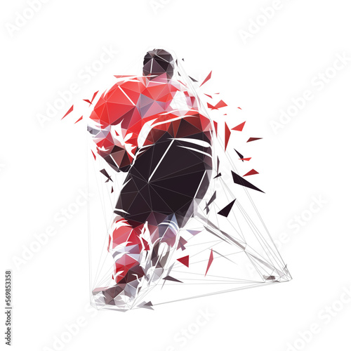 Hockey, low polygonal ice hockey player, isolated geometric vector illustration from triangles, rear view. Winter team sport athlete