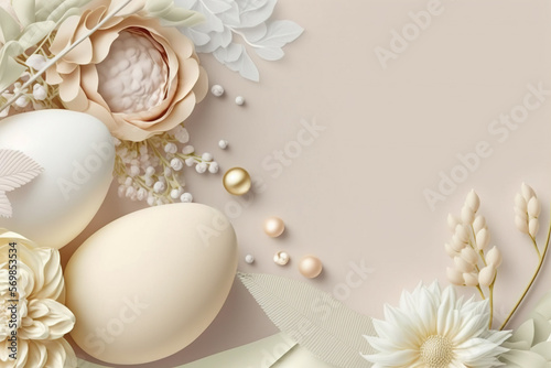 Easter eggs on a beige background with copy space. AI