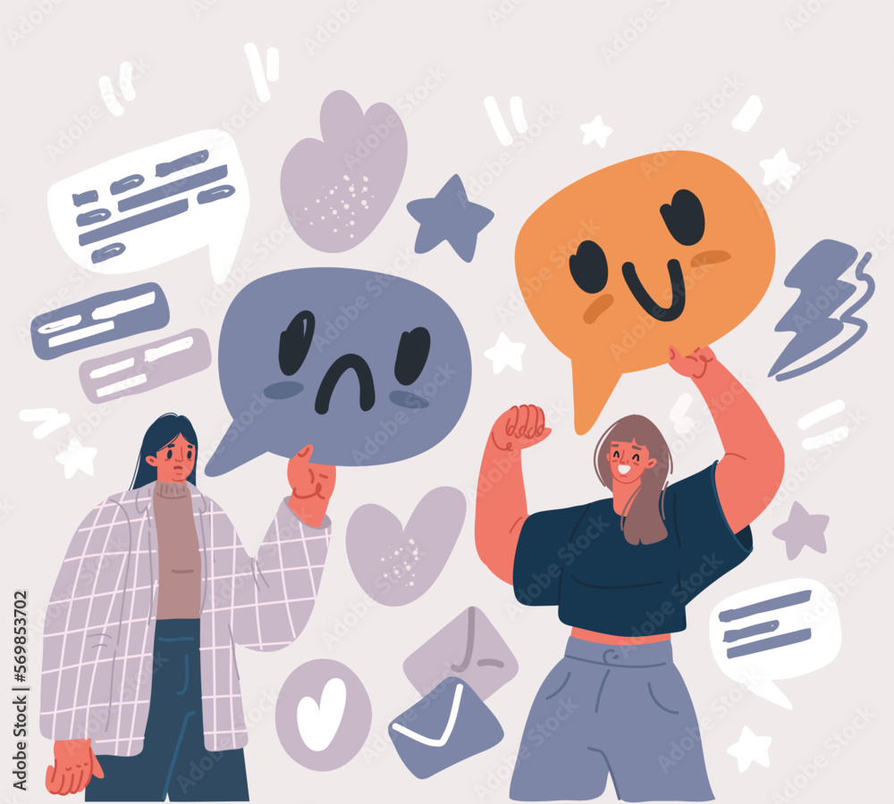Vector illustration of two women with thought or speech bubble, emotion concept, question, idea, sadness, depression or happiness. Speech bubble. Feedback concept. Vector illustration of two women with thought or speech bubble, emotion concept, question, idea, sadness, depression or happiness. Speech bubble. Feedback concept.