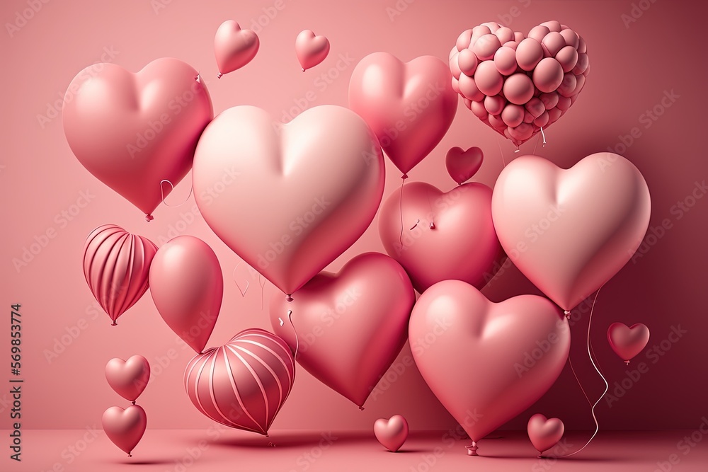 Balloons for Valentine's day in the form of heart, bunch of balloons on pink background Generative AI