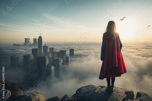 Child super hero in red cape in the city. Generative AI