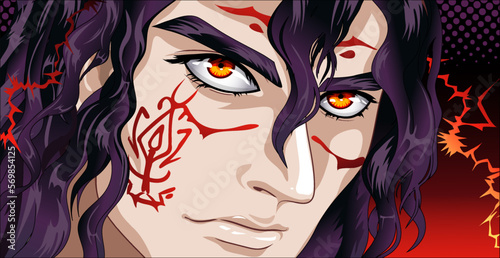 Warrior face with long hair and red eyes.
