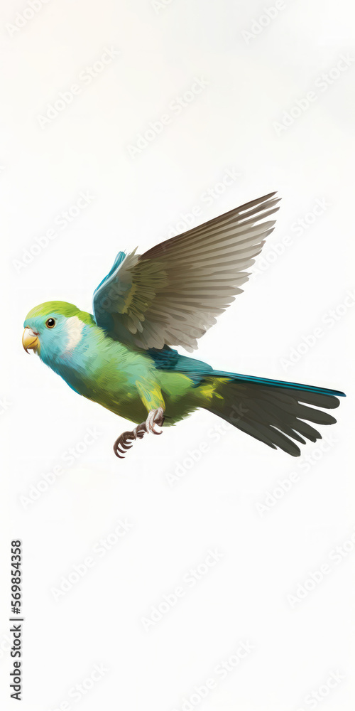 Composition of Pacific Parrotlet, Forpus coelestis, flying against white background. Generative AI Composition of Pacific Parrotlet, Forpus coelestis, flying against white background. Generative AI