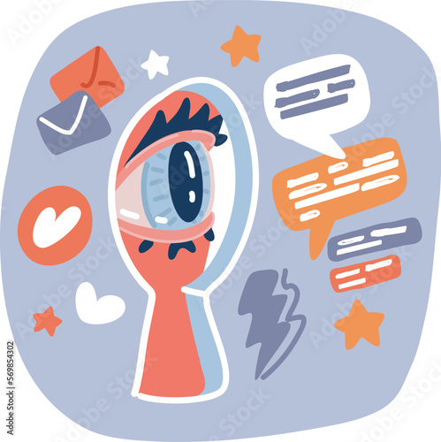 Vector illustration of One eye looking through a hole in a yellow paper. Voyeurism. A curious look. Jealousy, spying on or overhearing the concept.