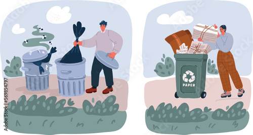 Vector illustration of Garbige. People sorting trash and they are not concept. Woman put paper wasting into recycle container. Environment care. Man throw garbige in Dirty trash can