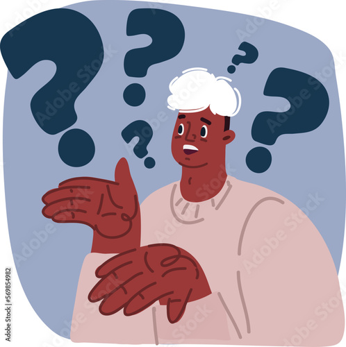 Vector illustration of african american man confused with open arms. And question mark arround him.