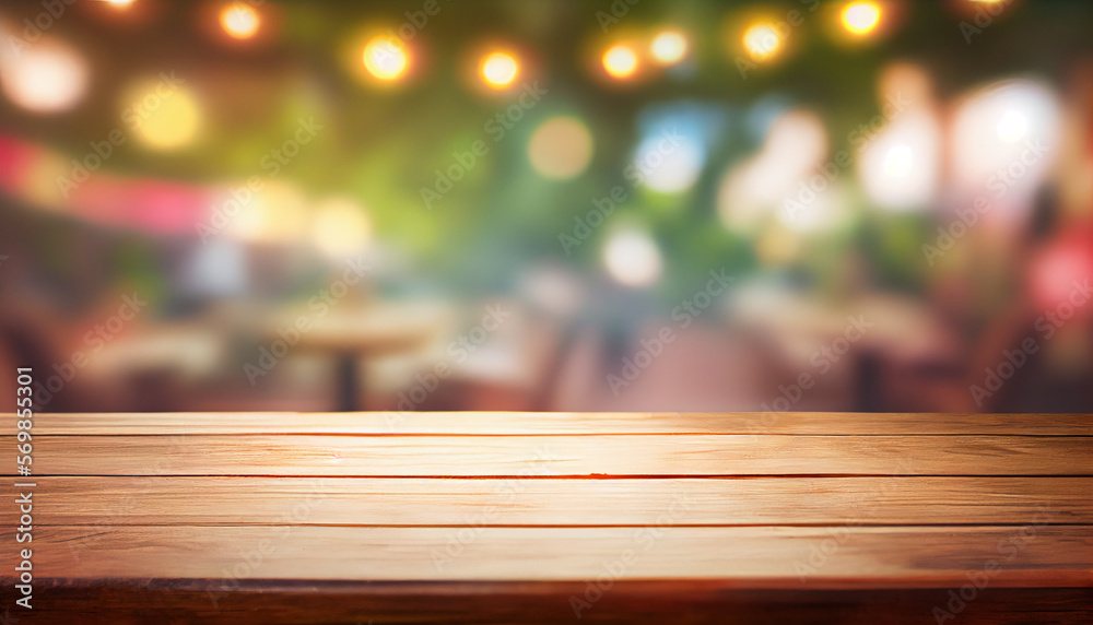 Image of wooden table in front of abstract blurred background of restaurant lights. Generative Ai.