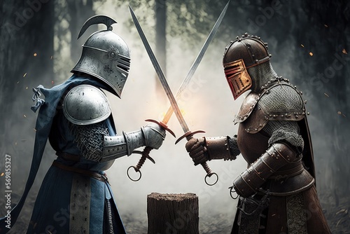 Duel of knights on the background of the forest. Swordsmen, middle ages, fantasy, full set of knightly armor, high resolution, illustrations, art. AI