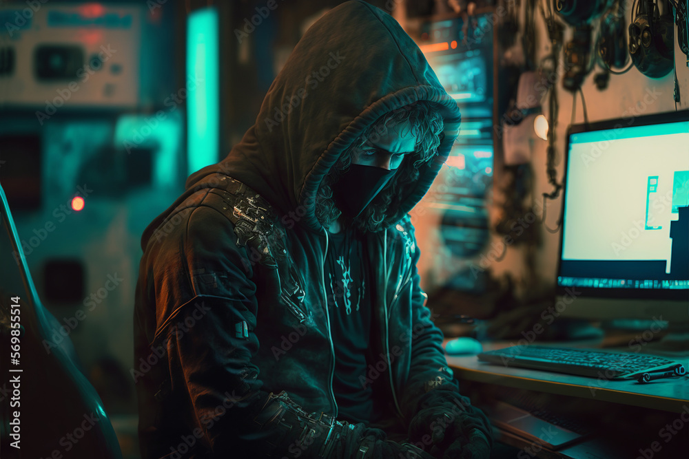 	
Cyber-security hacker with a hoodie hiding face -computer technology background wallpaper created with a Generative AI technology	

