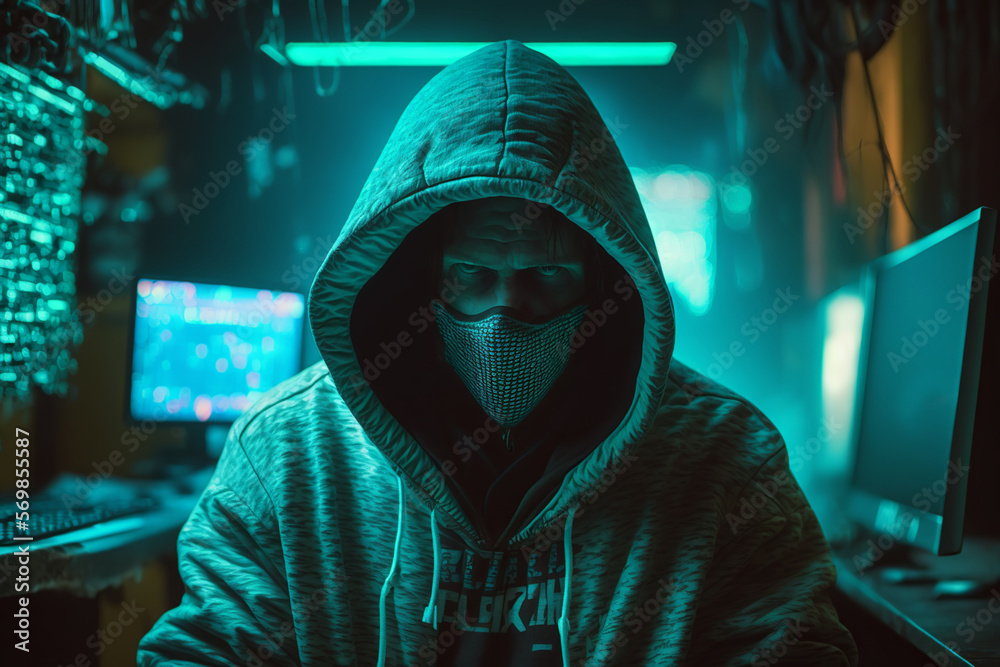 	
Cyber-security hacker with a hoodie hiding face -computer technology background wallpaper created with a Generative AI technology	
