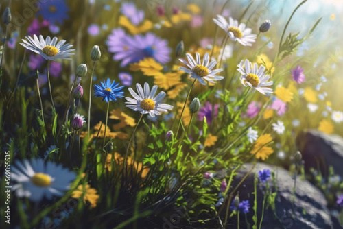 Spring wild flowers in the meadow  close up view. Generative AI