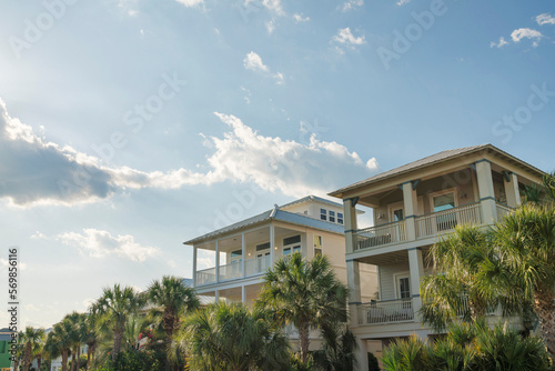 Palm trees at the front of three-storey homes with balconies under the sky in Destin, Florida. There are houses from the right with balconies against the bright sky.